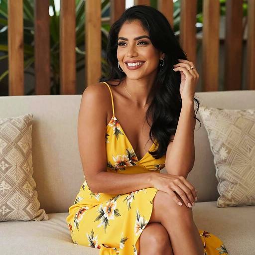 Smiling Woman in Yellow Floral Dress Sitting on Couch