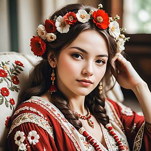 Serene Woman with Floral Crown in Traditional Garment