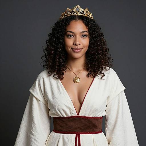 Young Woman Wearing Regal Crown and White Dress with Pendant Necklace