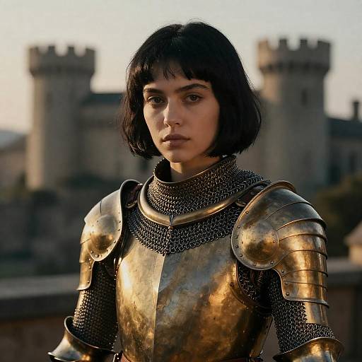 Young Woman in Medieval Armor with Castle Background