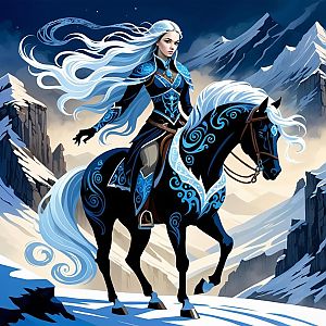 Elegant Woman on Black Horse in Snowy Mountains