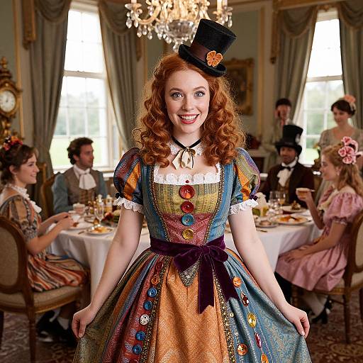Victorian Style Red-Haired Woman in Colorful Dress at Vintage Dinner Party