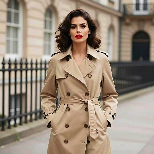 Woman in Classic Beige Trench Coat with Red Lipstick Street Style
