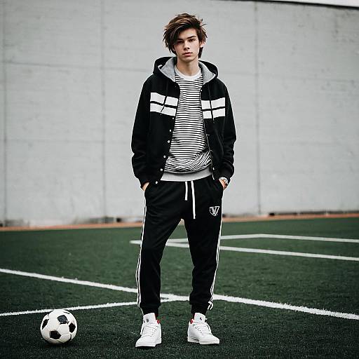 Young Man in Sportswear Standing on Soccer Field with Ball