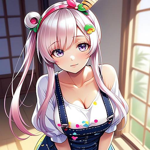 Anime Girl with Pink Hair in Colorful Overalls Digital Art