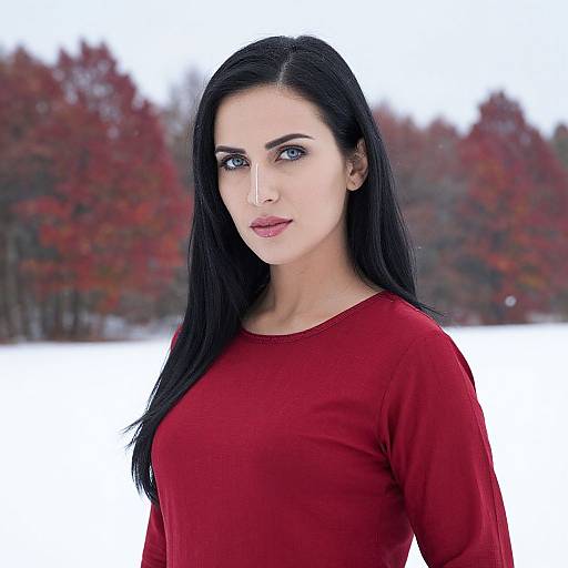 Portrait of Woman in Red Top Against Snowy Autumn Background