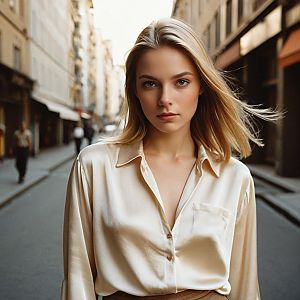 Elegant Blonde Woman in Silky Blouse on City Street