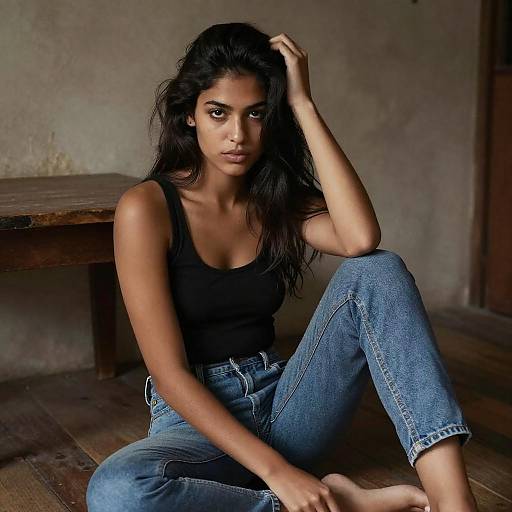 Casual Young Woman Sitting on Wooden Floor in Black Tank Top and Blue Jeans