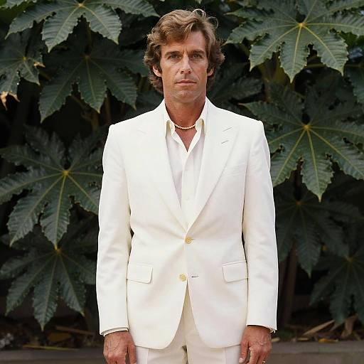 Man in White Suit 70s Style Standing in Front of Large Green Leaves