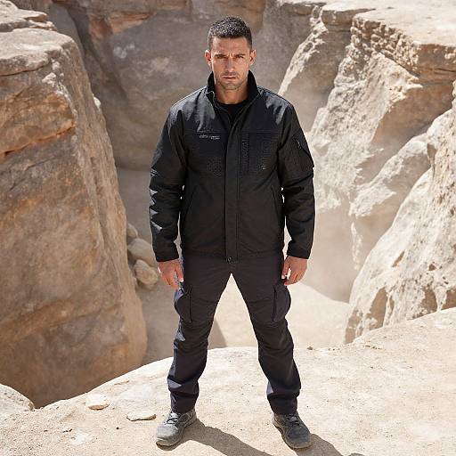 Man in Black Tactical Jacket Standing in Rocky Desert Canyon