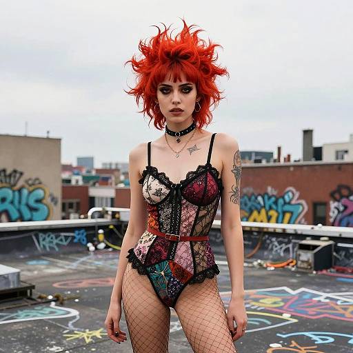 Edgy Gen Z Woman with Red Hair in Patchwork Corset on Graffiti Rooftop