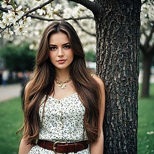 Young Woman in Floral Dress by Blooming Tree