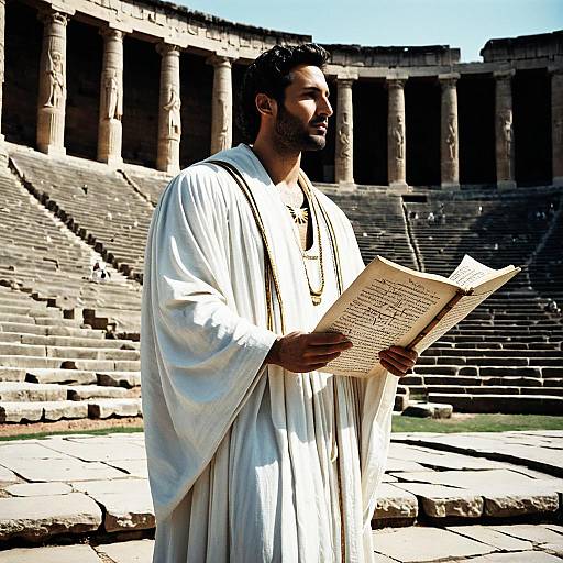 Man in Roman Robes Holding Manuscript in Ancient Amphitheater