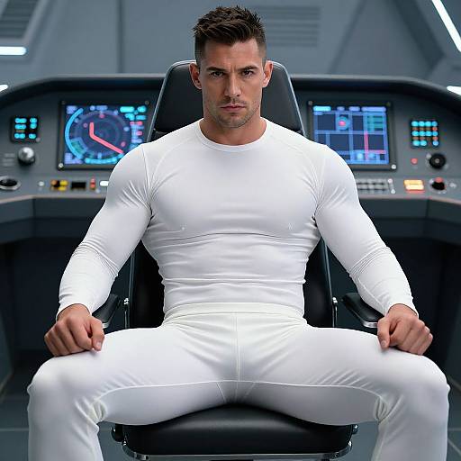 Confident Man in Futuristic Control Room Wearing White Athletic Outfit