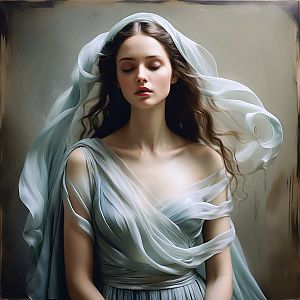 Serene Portrait of a Woman in Flowing Fabric