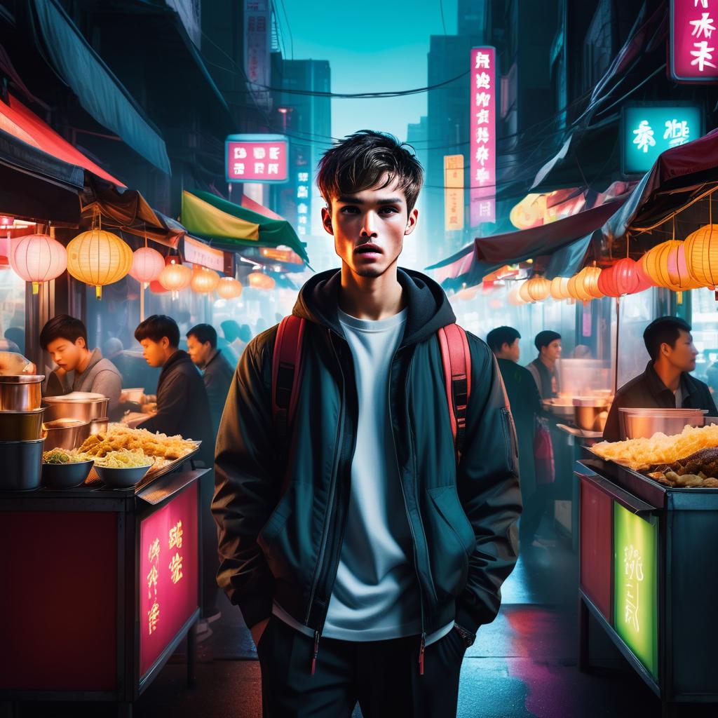 Contemplative Young Man in Bustling Night Market Contemplative Young Man in Bustling Night Market