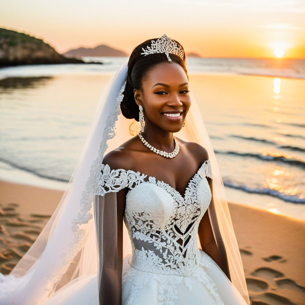 Elegant Bride on Beach at Sunset
