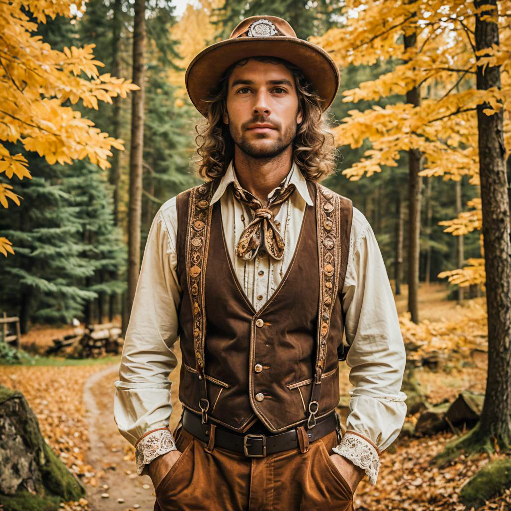 Man in Vintage Western Outfit in Autumn Forest Setting