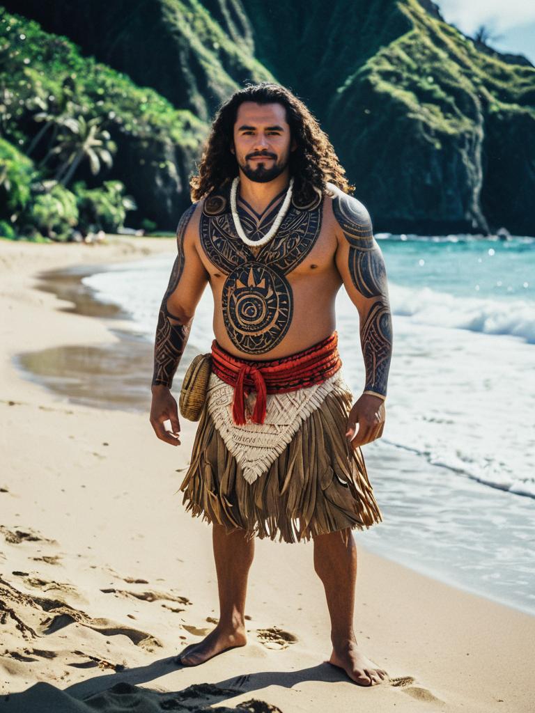 Man in Moana Costume Photorealistic Outdoor Portrait on Beach Setting