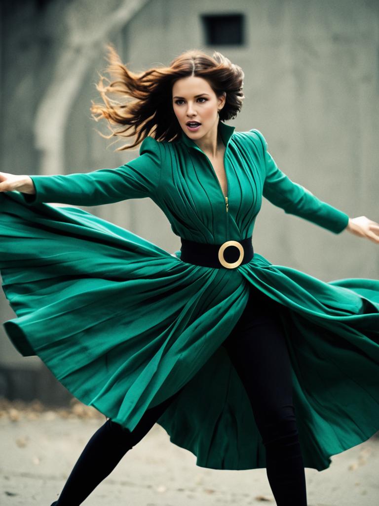 Dynamic Woman in Emerald Green Pleated Coat Spinning Outdoors