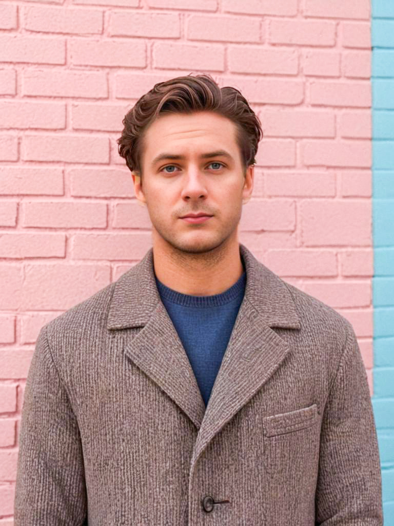 Stylish Young Man in Cozy Sweater Against Pastel Brick Wall