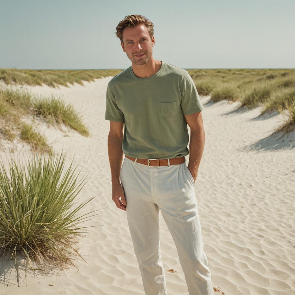 Relaxed Man on Sandy Beach in Casual Style