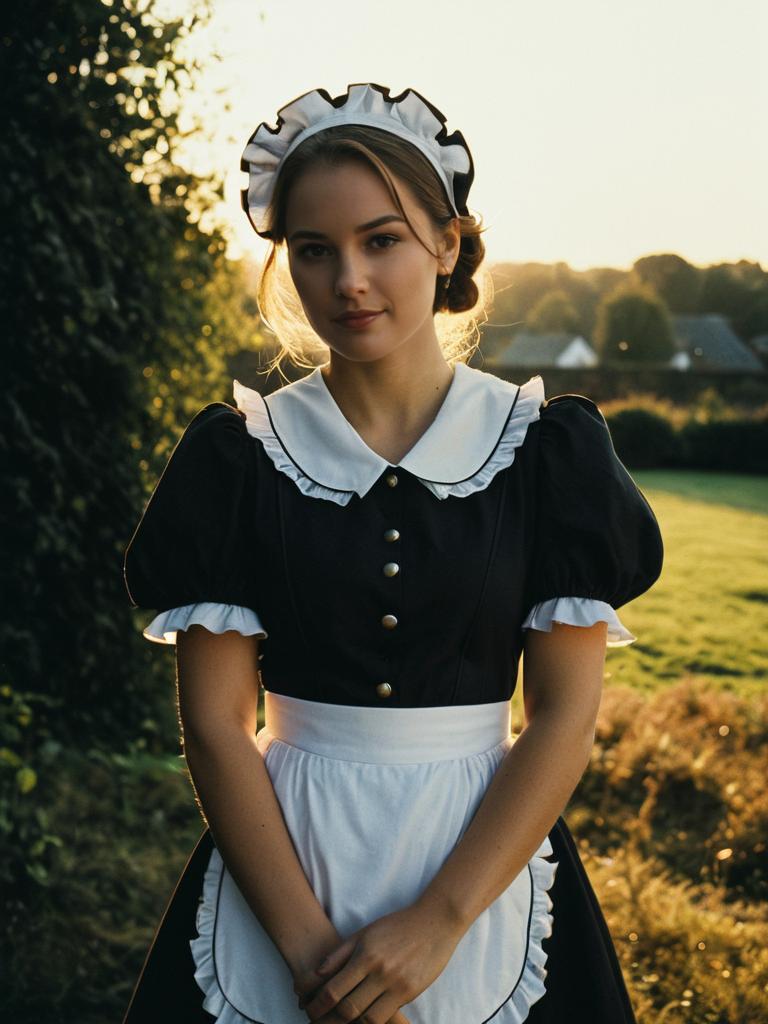 Photorealistic Outdoor Portrait of Woman in Traditional Lockable Maid Costume Photorealistic Outdoor Portrait of Woman in Traditional Lockable Maid Costume