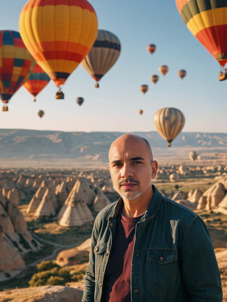 Man in Scenic Landscape with Colorful Hot Air Balloons