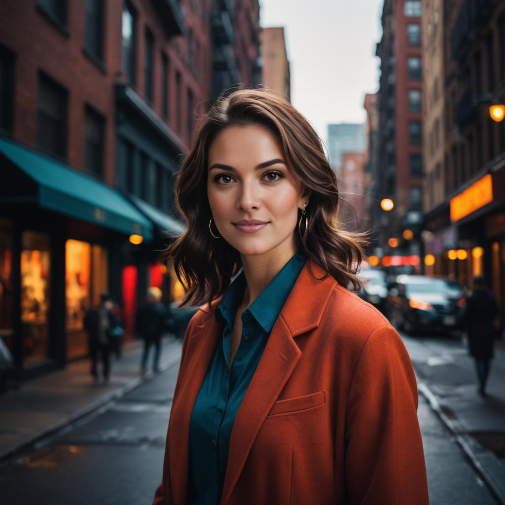 Confident Woman in Orange Coat in Urban Setting