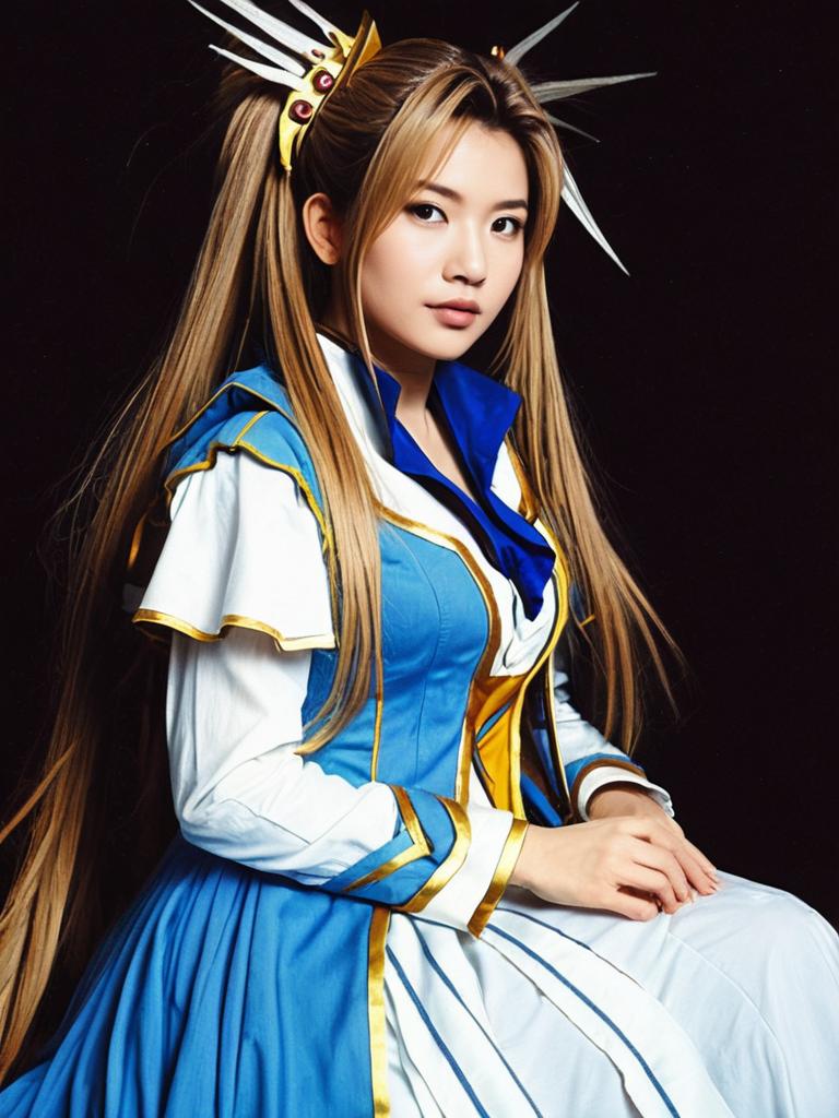 Realistic Bell-dandy Woman Cosplay in Blue and White Costume