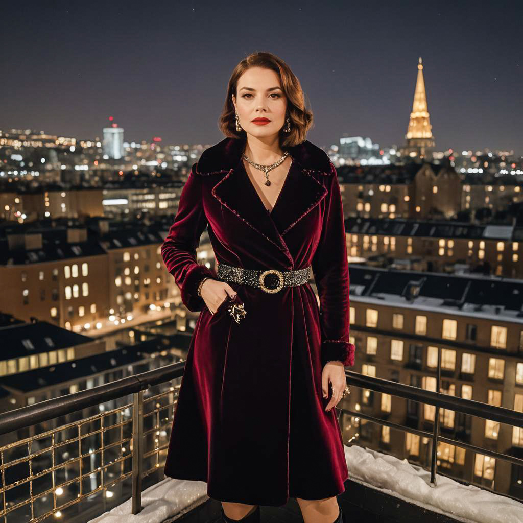 Stylish Woman on Rooftop with Cityscape