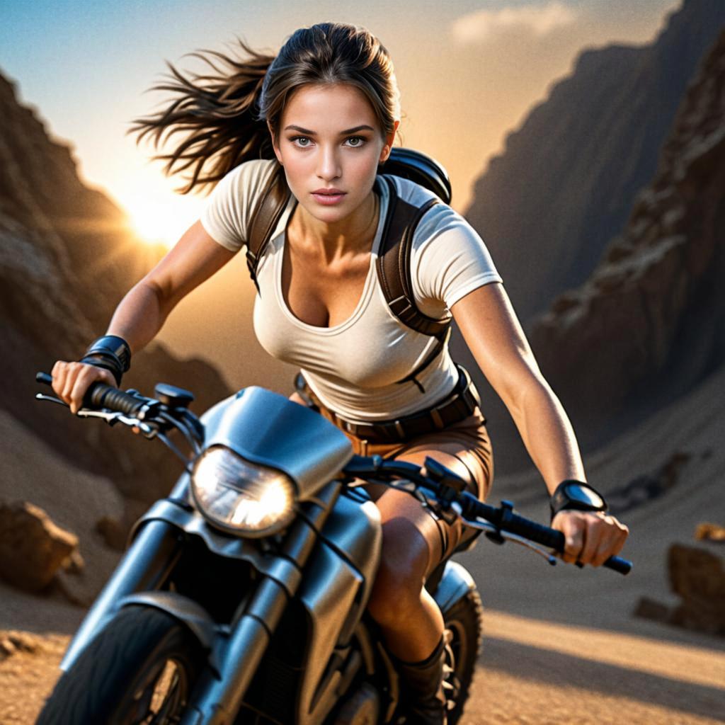 Woman Racing Motorcycle in Desert at Sunset