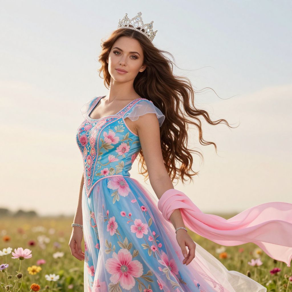 Young Woman in Floral Blue Dress and Silver Crown in Flower Meadow