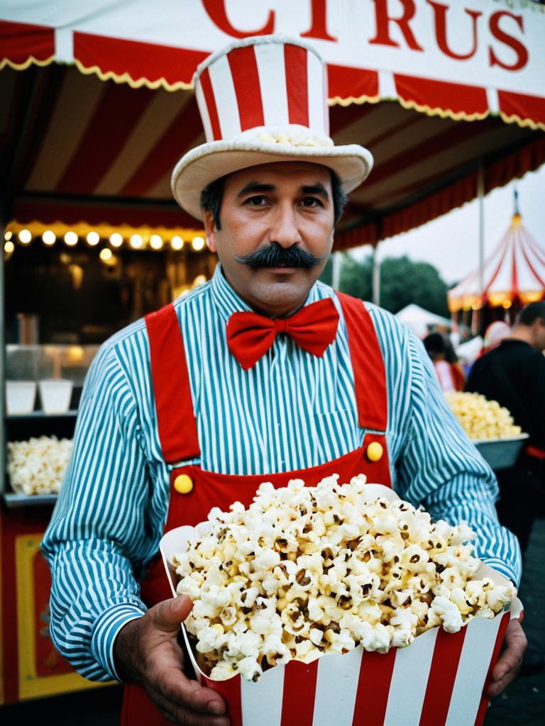 Photorealistic Man in Circus Popcorn Seller Costume at Carnival