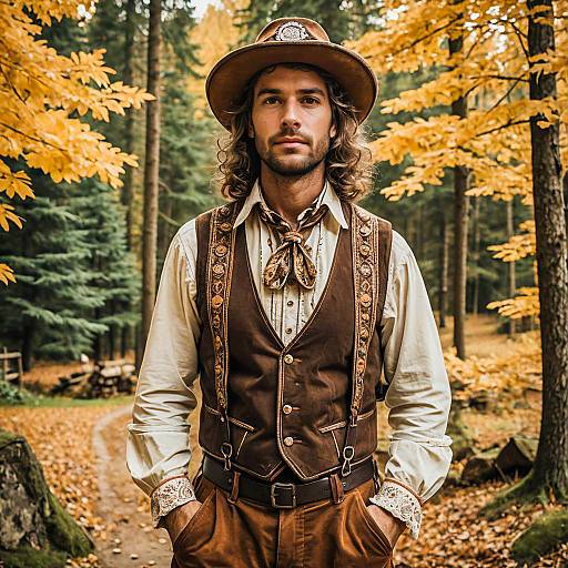 Man in Vintage Western Outfit in Autumn Forest Setting