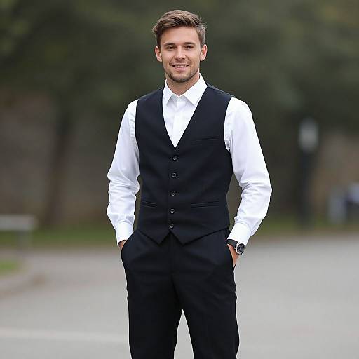 Young Man in Black Vest and White Dress Shirt Outdoors