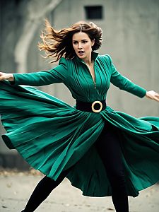 Dynamic Woman in Emerald Green Pleated Coat Spinning Outdoors
