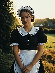 Photorealistic Outdoor Portrait of Woman in Traditional Lockable Maid Costume