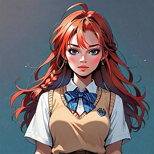 Red-Haired Anime Schoolgirl with Blue Eyes in Uniform Digital Art
