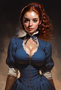 Digital Portrait of Woman in Blue Renaissance Dress with Red Curly Hair