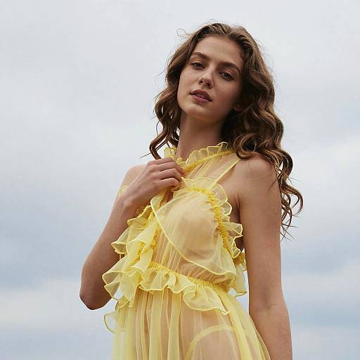 Elegant Woman in Yellow Sheer Ruffle Dress Outdoors