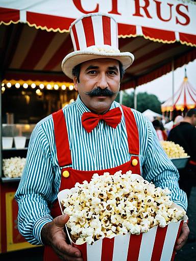 Photorealistic Man in Circus Popcorn Seller Costume at Carnival