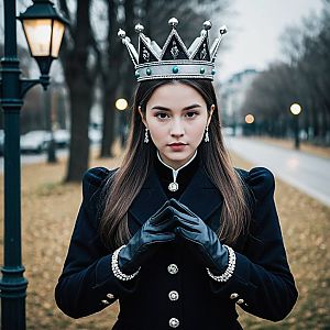 Elegant Woman in Dark Attire with Silver Crown