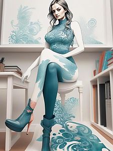 Woman in Modern Interior with Teal Bodypaint