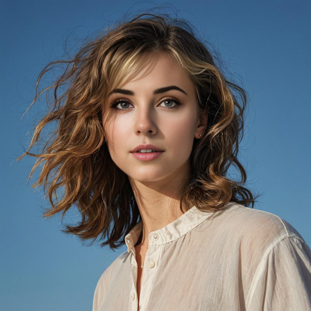 Woman in beige button-up shirt under blue sky