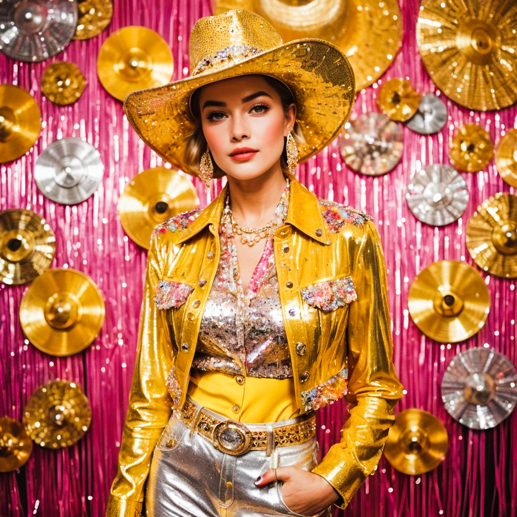 Stylish Woman in Gold Outfit with Cowboy Hat