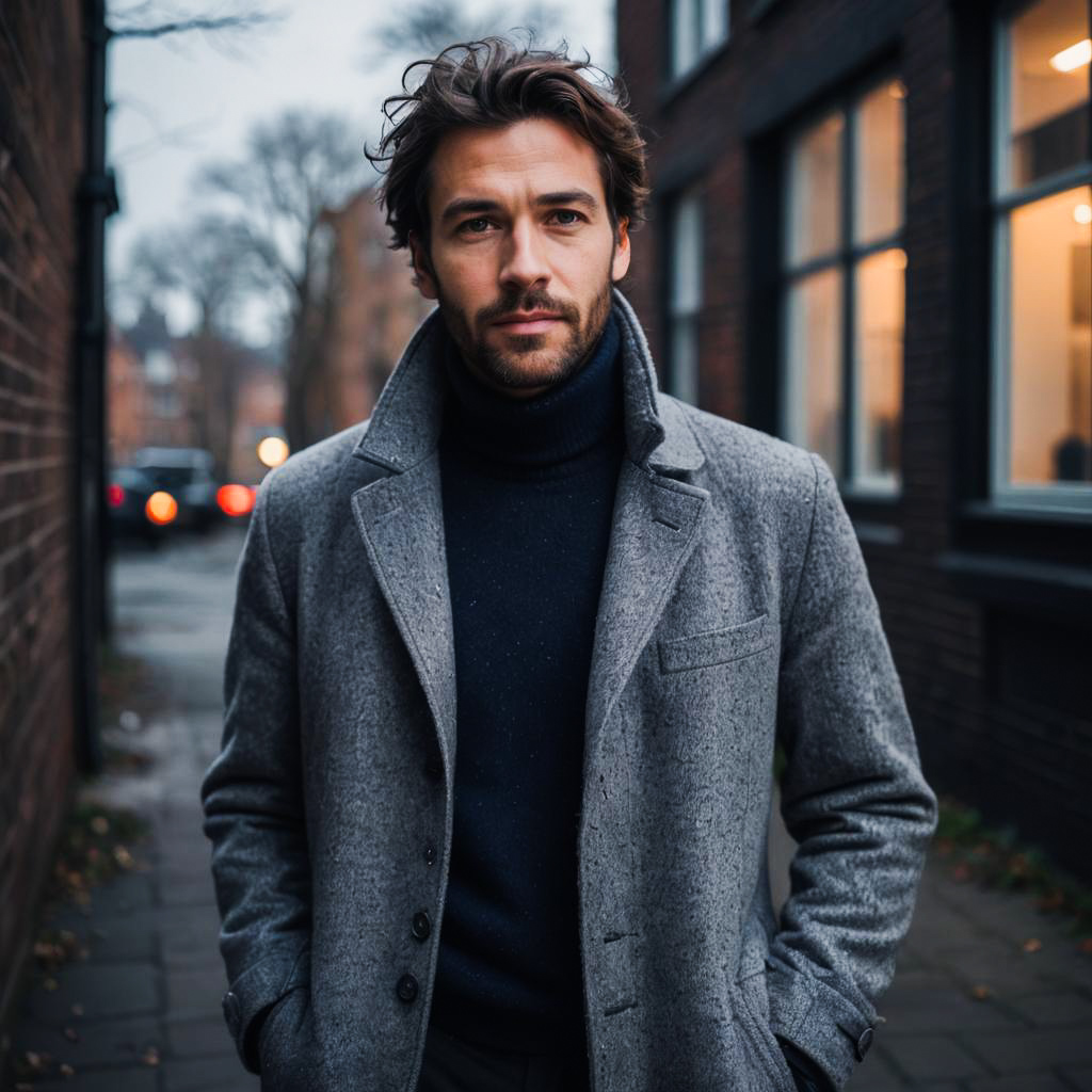 Stylish man in gray coat on urban street