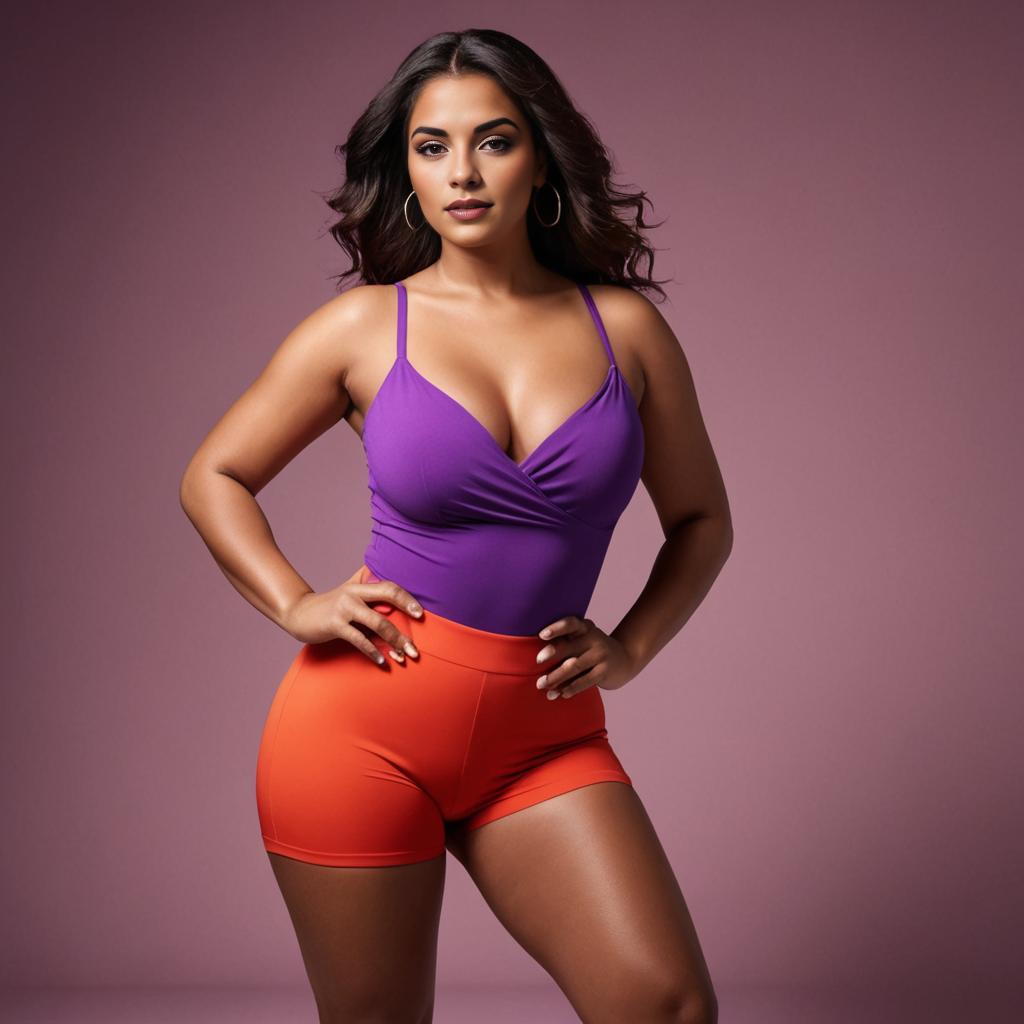 Confident Woman in Purple Top and Orange Shorts