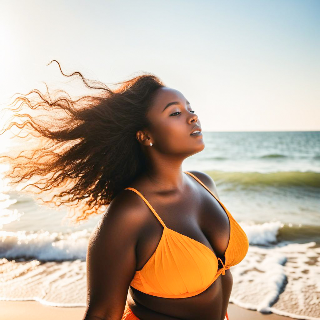 Confident woman on beach in orange bikini