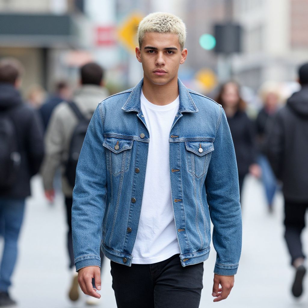 Young Man in Denim Jacket Walking on Busy City Street